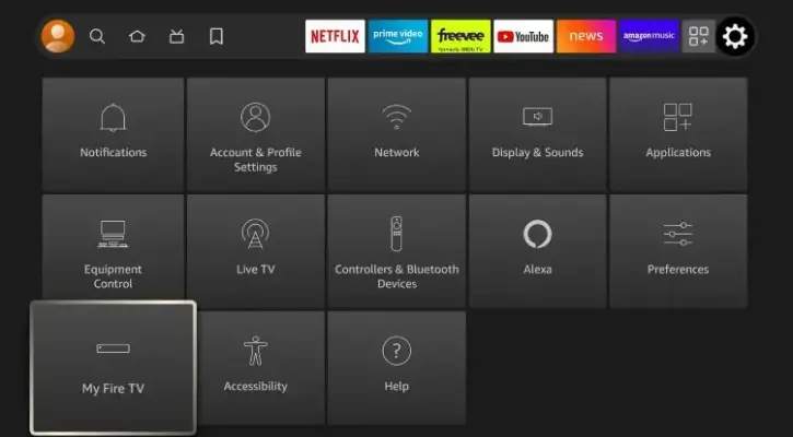 Wybór opcji "Moje Fire TV" z menu Ustawienia na Firestick.


