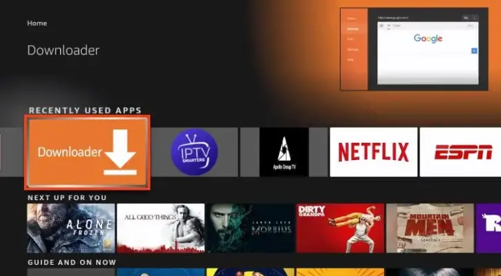 Otwieranie aplikacji Downloader na Firestick w celu instalacji Smart IPTV.

