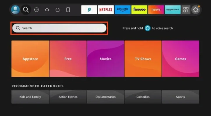 Przygotowanie urządzenia do instalacji Smart IPTV – lokalizowanie paska wyszukiwania na Firestick.

