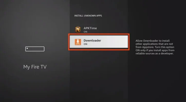 Włączenie opcji "Nieznane źródła" dla aplikacji Downloader na Firestick.

