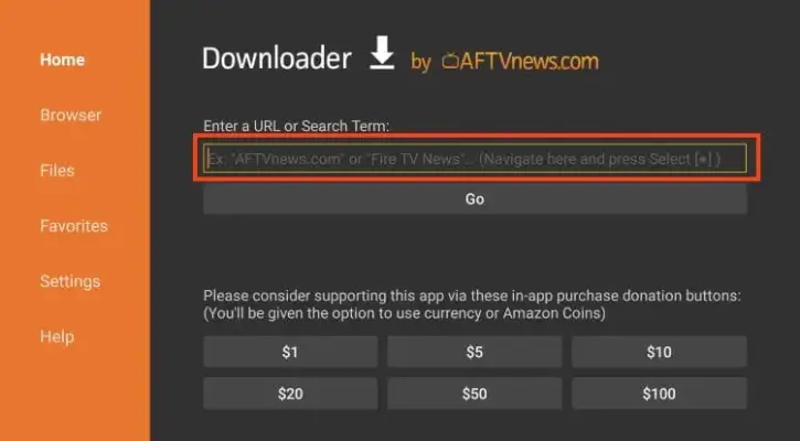 Wybór pola URL w aplikacji Downloader na Firestick, aby otworzyć klawiaturę.


