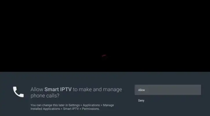 Kliknięcie "Zezwól" na komunikat o uprawnieniach w aplikacji Smart IPTV.


