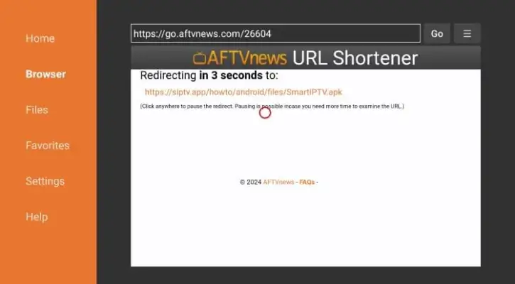 Strona przekierowania w aplikacji Downloader po wpisaniu kodu dla Smart IPTV.

