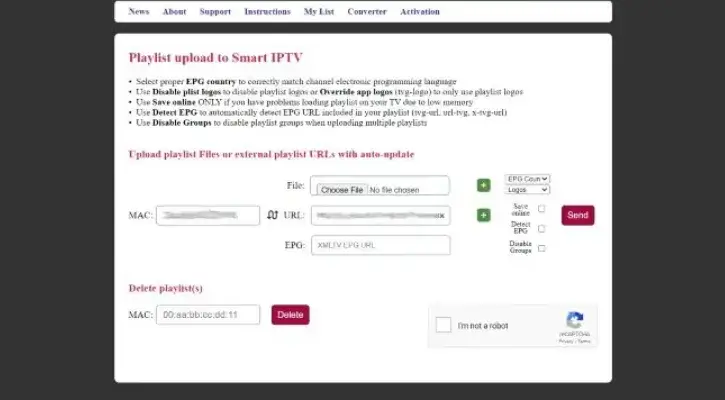 Wprowadzenie adresu URL M3U i adresu MAC w my.siptv.app, aby skonfigurować Smart IPTV.

