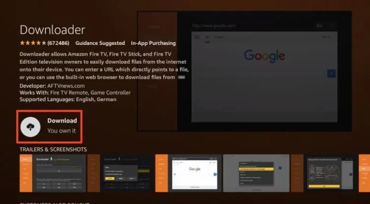 Kliknięcie przycisku "Pobierz" lub "Zainstaluj" aplikacji Downloader na Firestick.

