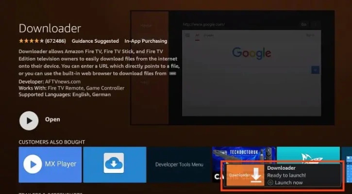 Komunikat "Downloader gotowy do uruchomienia!" na Firestick po zakończeniu instalacji.

