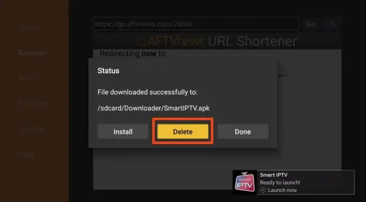 Kliknięcie przycisku "Usuń" po zakończeniu instalacji Smart IPTV na Firestick.

