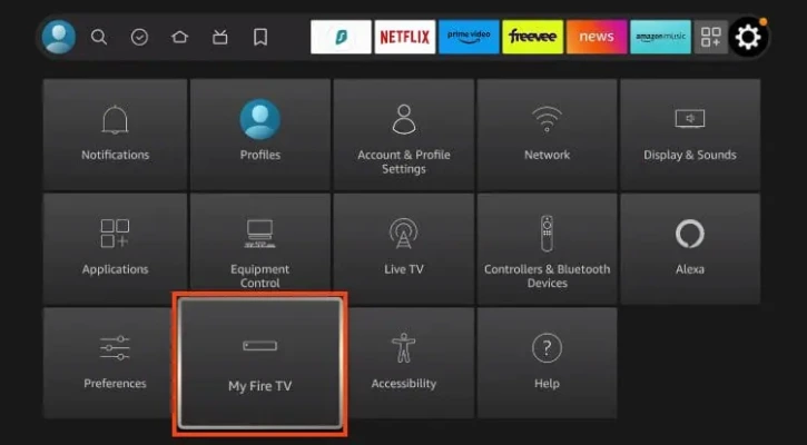 Powrót do ekranu głównego na Firestick i wybór "Moje Fire TV" w ustawieniach.

