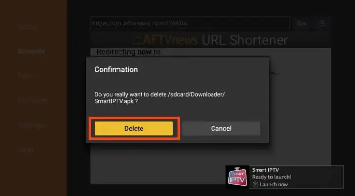 Kliknięcie przycisku "Usuń ponownie" po usunięciu pliku instalacyjnego w aplikacji Downloader.

