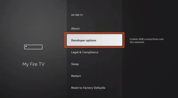 Wybór opcji "Opcje deweloperskie" w ustawieniach Firestick.

