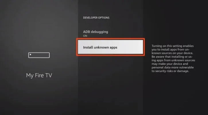 Kliknięcie opcji "Zainstaluj nieznane aplikacje" w ustawieniach Firestick.

